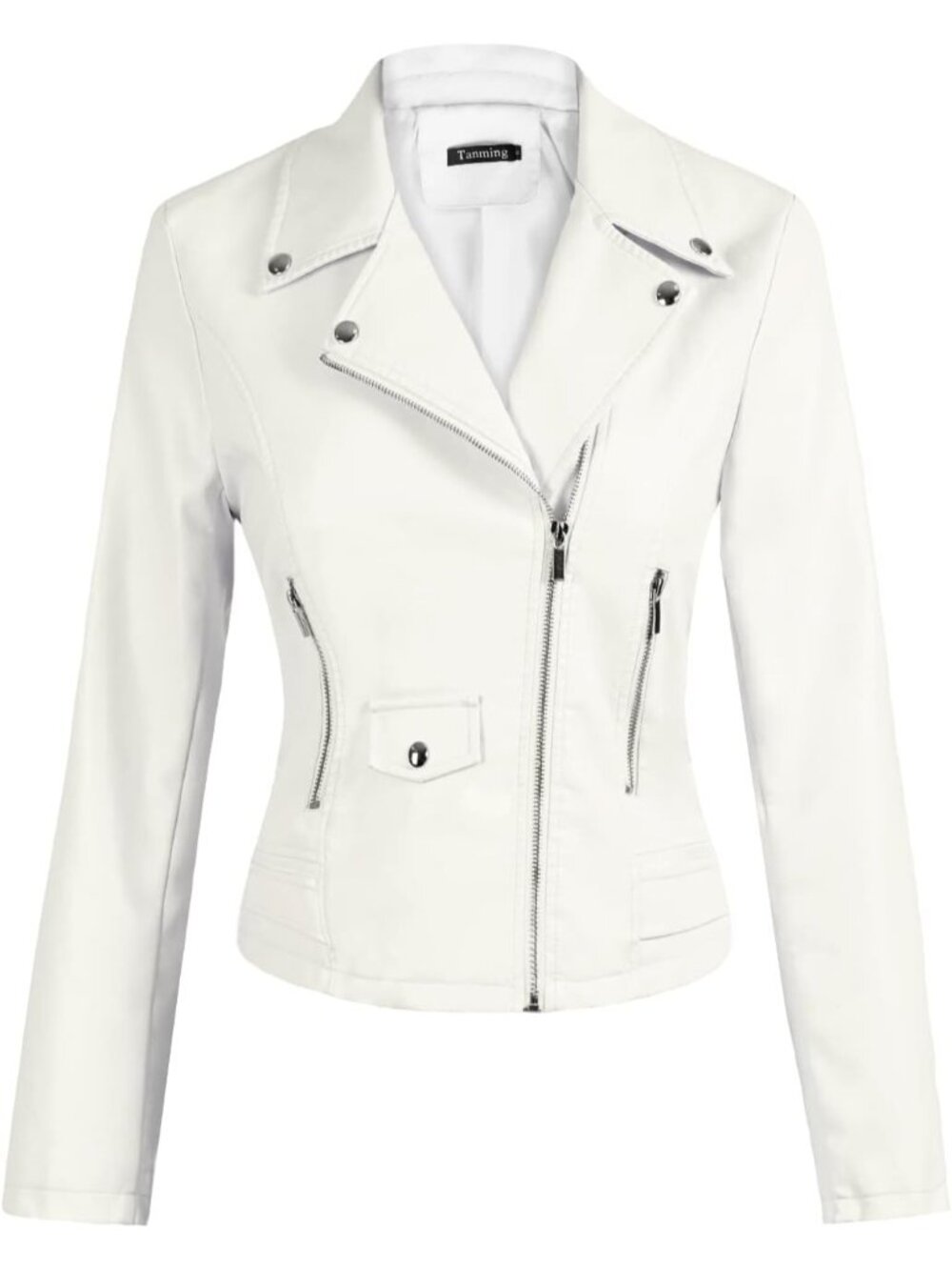 Women's White Faux Leather Moto Biker Jacket Slim Fit Zip Up Casual Short Coat